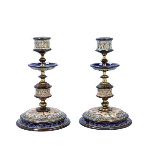 Pair of Doulton Lambeth Stoneware and Brass Candlesticks image-1