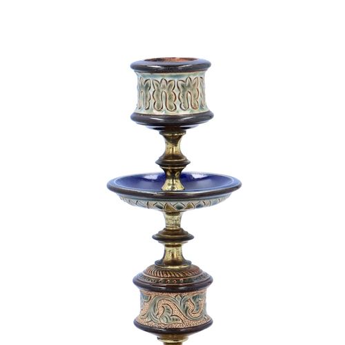 Pair of Doulton Lambeth Stoneware and Brass Candlesticks image-3
