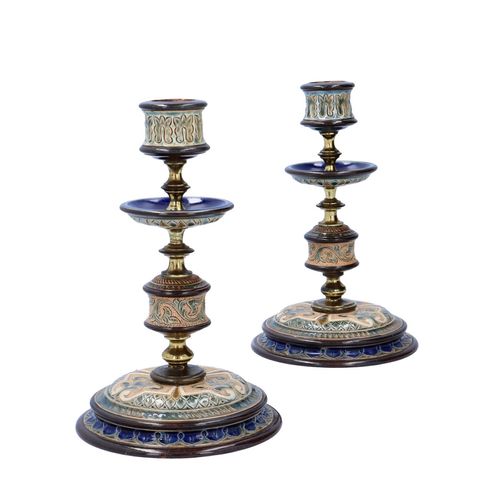 Pair of Doulton Lambeth Stoneware and Brass Candlesticks image-2