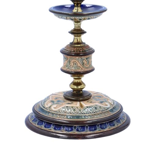 Pair of Doulton Lambeth Stoneware and Brass Candlesticks image-4