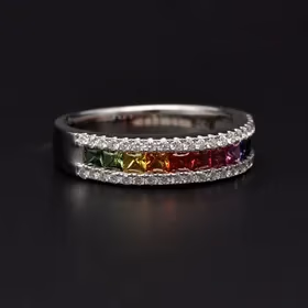 18ct White Gold Multi Coloured Sapphire and Diamond Ring