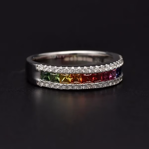 18ct White Gold Multi Coloured Sapphire and Diamond Ring