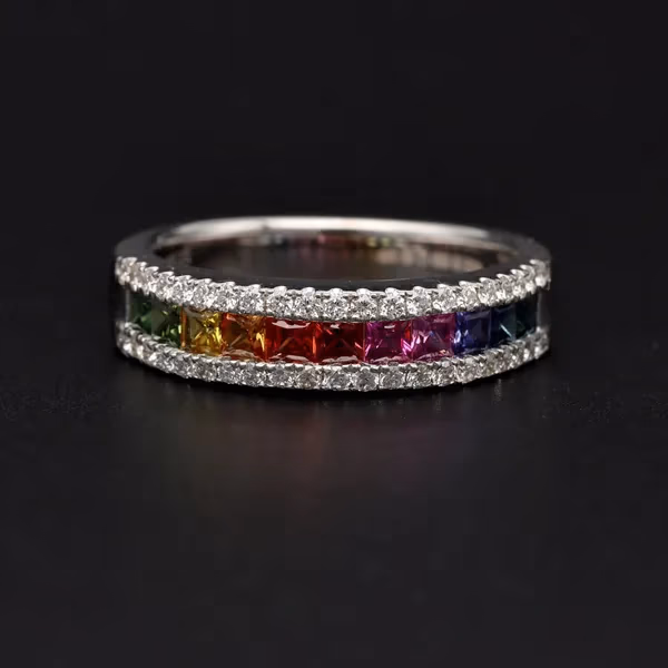 18ct White Gold Multi Coloured Sapphire and Diamond Ring