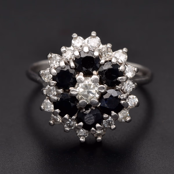 18ct White Gold Round Diamond & Triple Halo Sapphire Cluster Ring