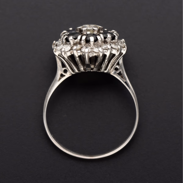 18ct White Gold Round Diamond & Triple Halo Sapphire Cluster Ring