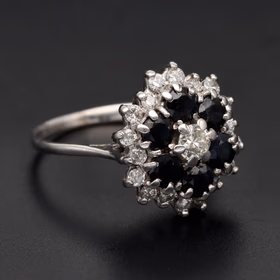 18ct White Gold Round Diamond & Triple Halo Sapphire Cluster Ring