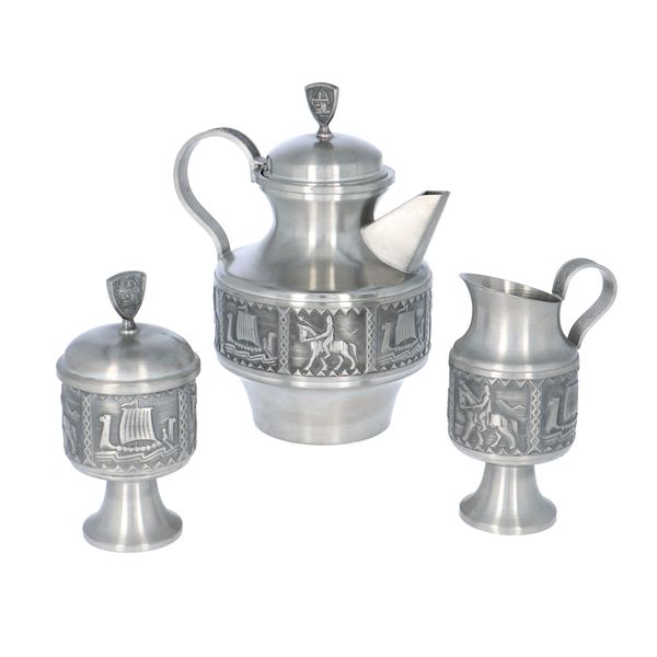Vintage Snorre Norsk Tinn Pewter Teapot Set