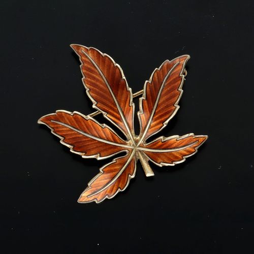 Mid Century Silver Gilt and Enamel Autumnal Leaf Brooch image-1