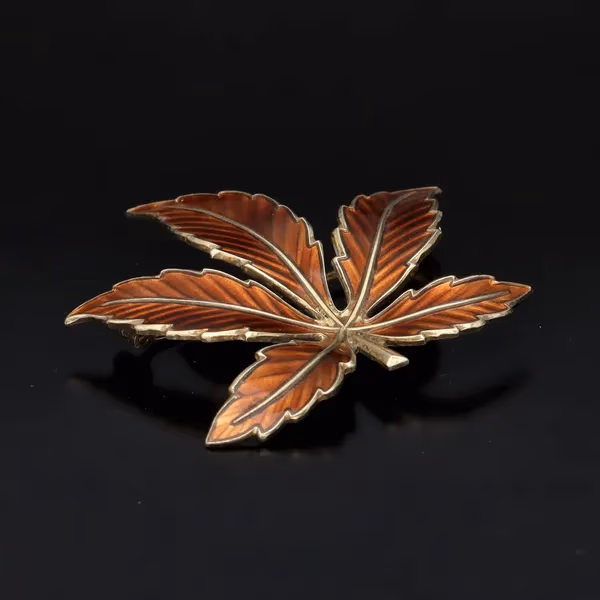 Mid Century Silver Gilt and Enamel Autumnal Leaf Brooch