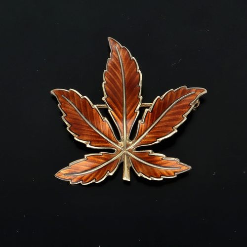 Mid Century Silver Gilt and Enamel Autumnal Leaf Brooch image-2