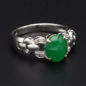 Stamped 18ct Jade Brilliant-cut Diamond Ring,Size M