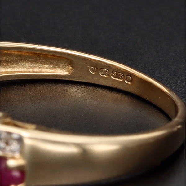 9ct Yellow Gold Ruby and Diamond 'Chequered' Pattern Ring
