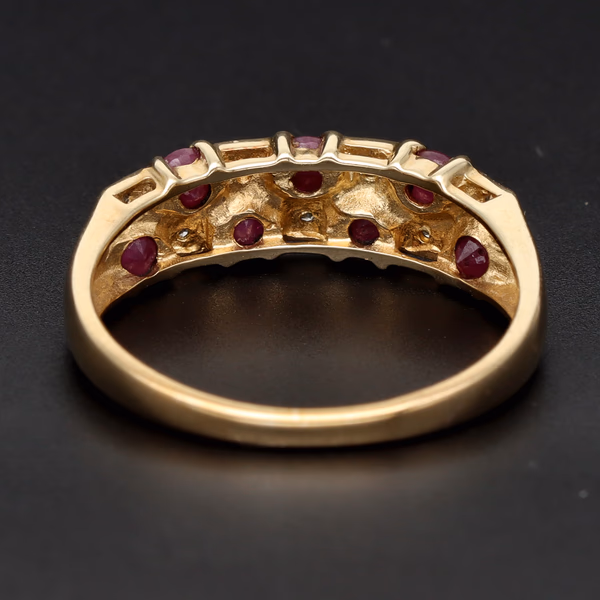 9ct Yellow Gold Ruby and Diamond 'Chequered' Pattern Ring