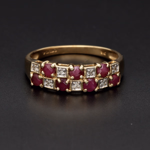 9ct Yellow Gold Ruby and Diamond 'Chequered' Pattern Ring