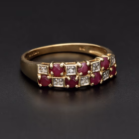 9ct Yellow Gold Ruby and Diamond 'Chequered' Pattern Ring
