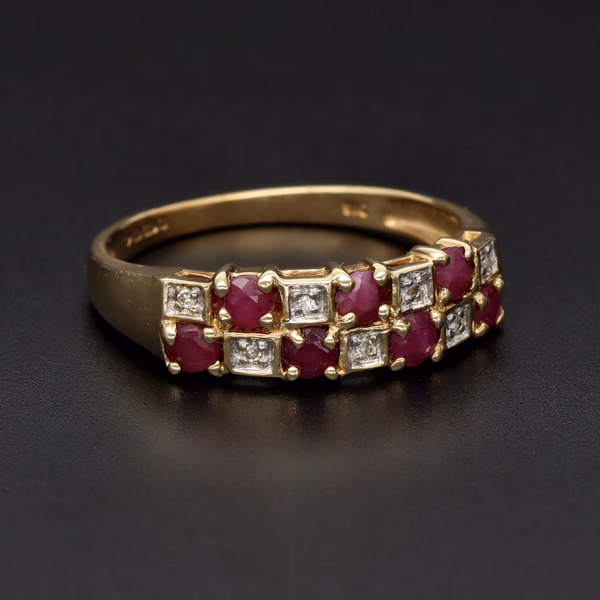 9ct Yellow Gold Ruby and Diamond 'Chequered' Pattern Ring