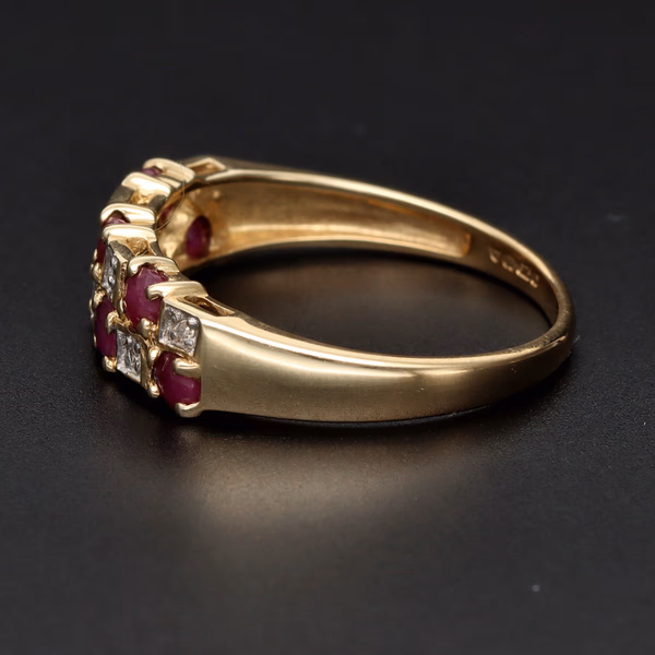 9ct Yellow Gold Ruby and Diamond 'Chequered' Pattern Ring