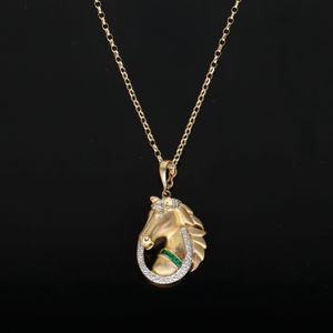 Vintage 9ct Gold Diamond and Emerald Horse Pendant Necklace
