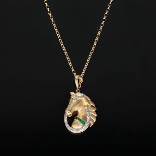 Vintage 9ct Gold Diamond and Emerald Horse Pendant Necklace image-1
