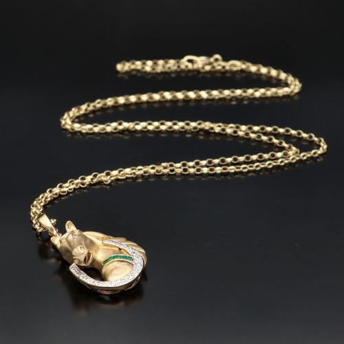 Vintage 9ct Gold Diamond and Emerald Horse Pendant Necklace image-3
