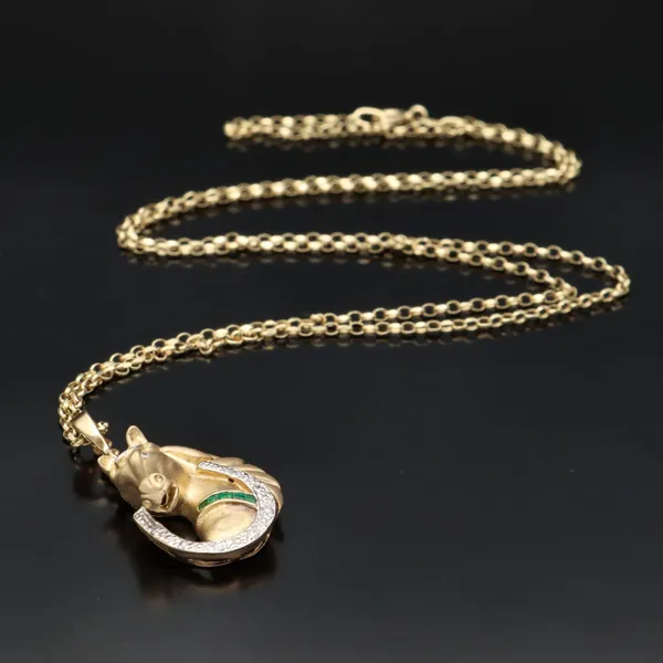 Vintage 9ct Gold Diamond and Emerald Horse Pendant Necklace