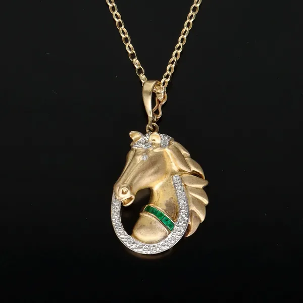 Vintage 9ct Gold Diamond and Emerald Horse Pendant Necklace