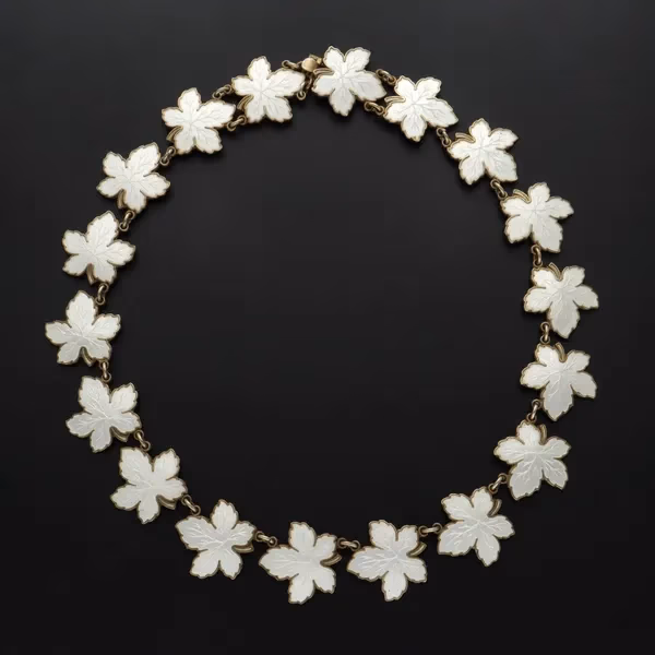 Vintage Danish Vermeil Silver and White Guilloche Enamel Maple Leaf Necklace