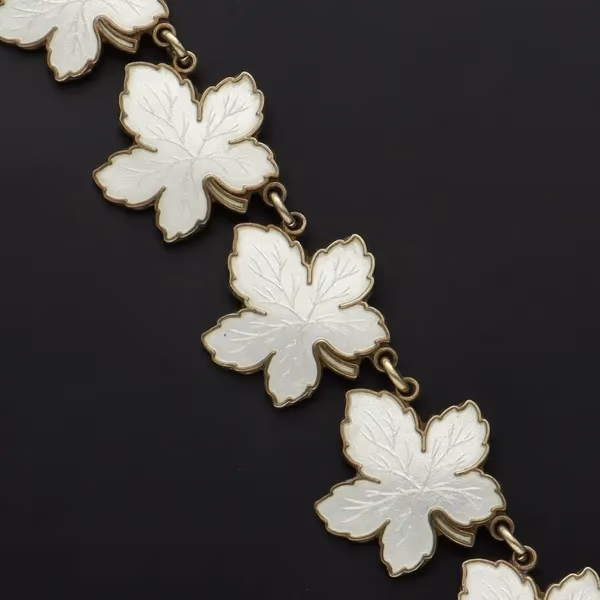 Vintage Danish Vermeil Silver and White Guilloche Enamel Maple Leaf Necklace