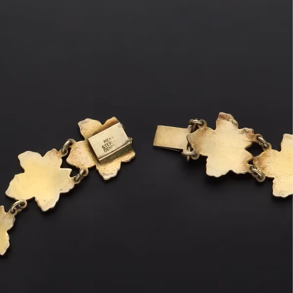 Vintage Danish Vermeil Silver and White Guilloche Enamel Maple Leaf Necklace