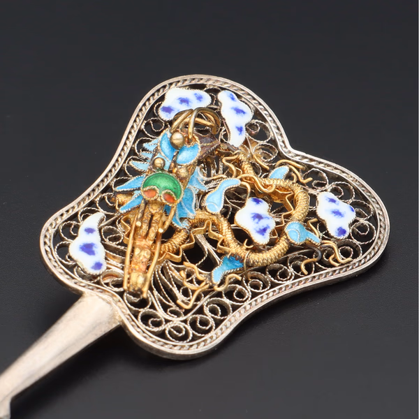 Chinese Silver Vermeil and Enamel Brooch
