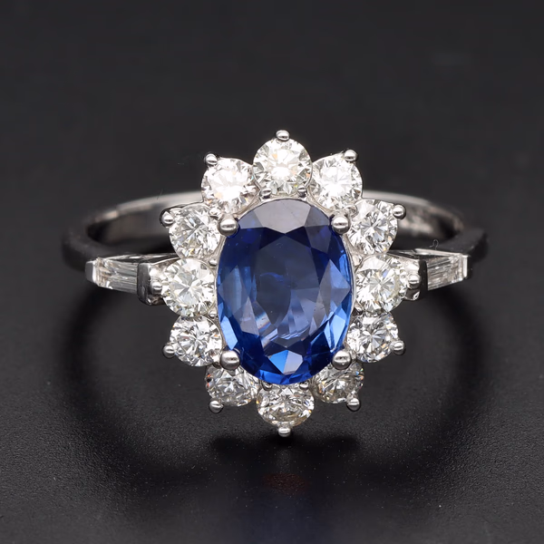 18ct White Gold Oval Sapphire & Diamond Cluster Ring