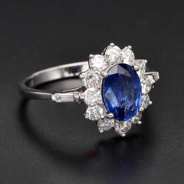 18ct White Gold Oval Sapphire & Diamond Cluster Ring