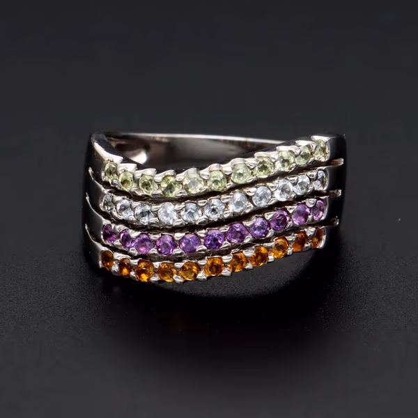 9ct White Gold Gem Ring with Amethyst, Citrine, Topaz, and Tourmaline