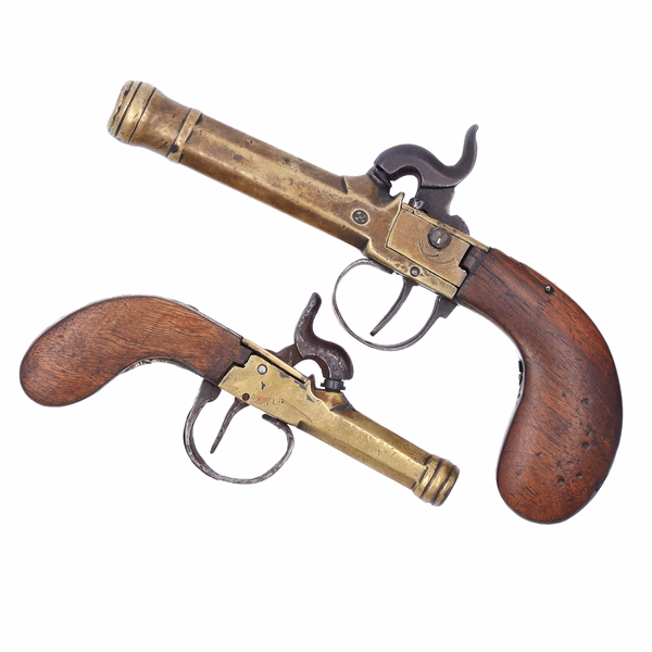 Mid Century Cased Cannon Barrelled Percussion Muff Pistols