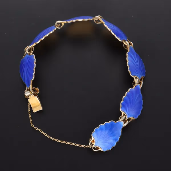 Silver & Blue Guilloche Enamel Leaf Bracelet