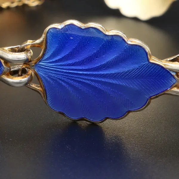 Silver & Blue Guilloche Enamel Leaf Bracelet