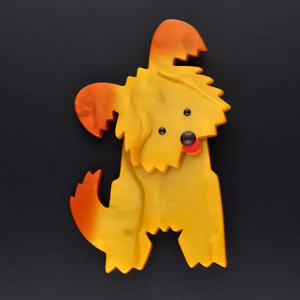 Pavone Handmade Amber Galalith Puppy Dog Brooch