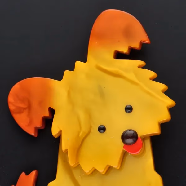 Pavone Handmade Amber Galalith Puppy Dog Brooch