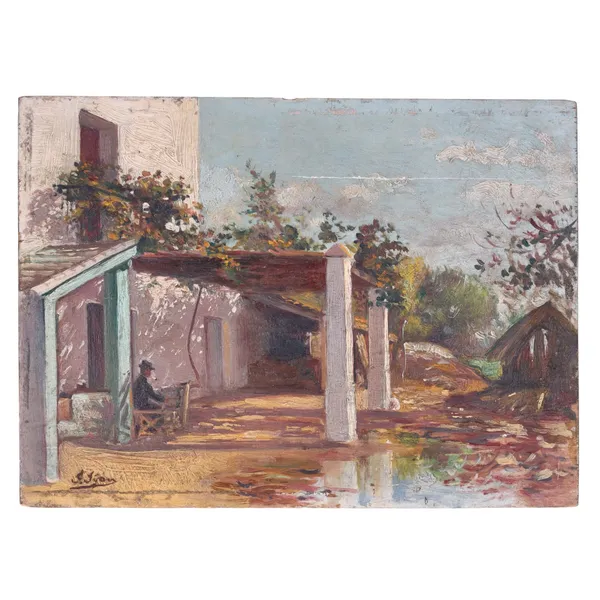 European Impressionist Oil on Wood Panel of a Gentleman Smoking Under a Canopy