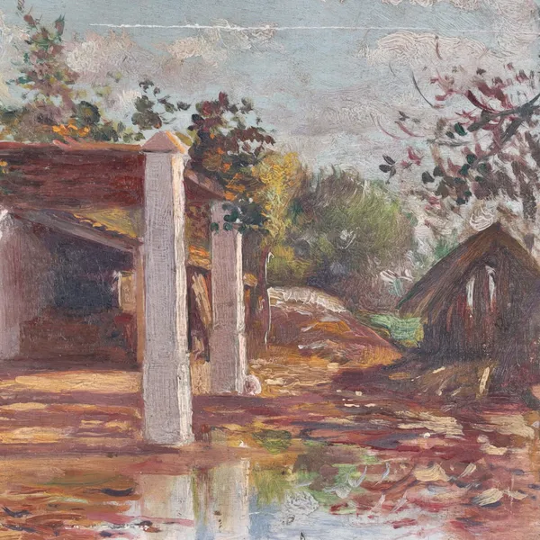 European Impressionist Oil on Wood Panel of a Gentleman Smoking Under a Canopy