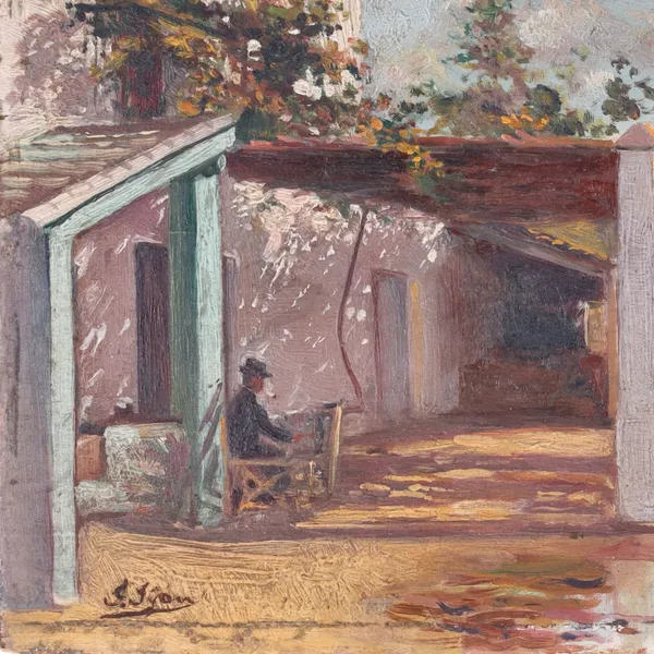 European Impressionist Oil on Wood Panel of a Gentleman Smoking Under a Canopy