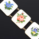 Norwegian Gilded Sterling Silver and Hand-Painted  Floral Guilloche Panel Bracelet