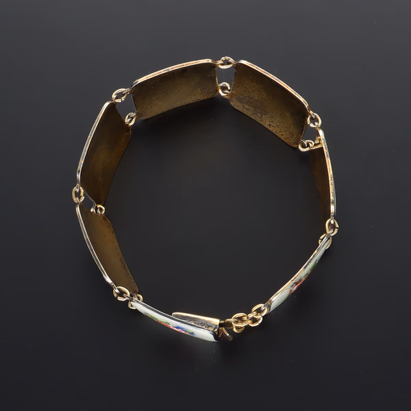 Norwegian Gilded Sterling Silver and Hand-Painted  Floral Guilloche Panel Bracelet