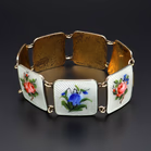 Norwegian Gilded Sterling Silver and Hand-Painted  Floral Guilloche Panel Bracelet
