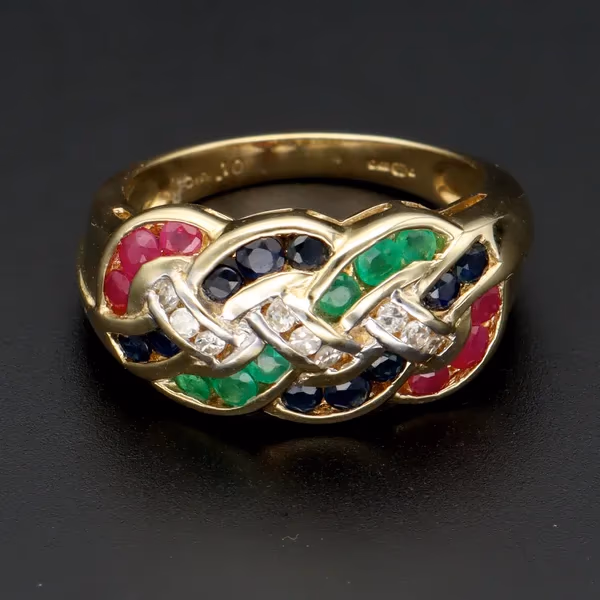 9ct Yellow Gold Diamond, Ruby, Emerald & Sapphire Ring