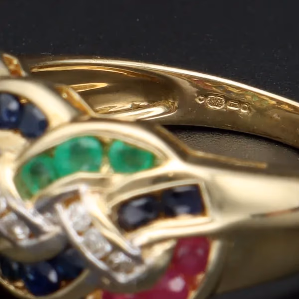 9ct Yellow Gold Diamond, Ruby, Emerald & Sapphire Ring