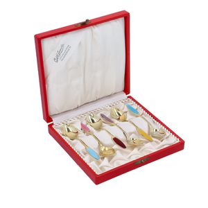 Cased Set of Six Gilded Silver Guilloche Enamel Demitasse Spoons