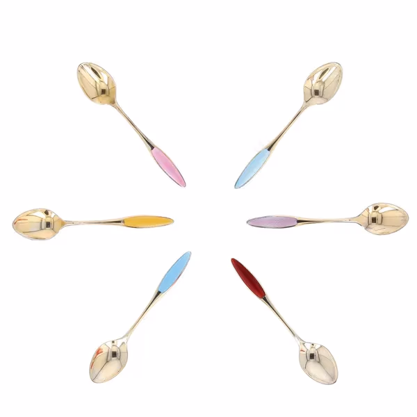 Cased Set of Six Gilded Silver Guilloche Enamel Demitasse Spoons