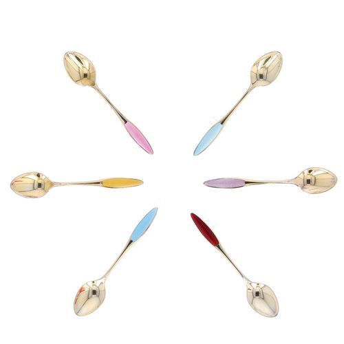 Cased Set of Six Gilded Silver Guilloche Enamel Demitasse Spoons image-3