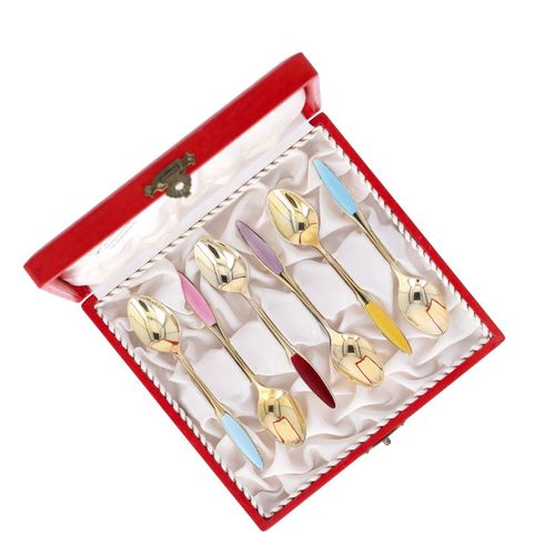 Cased Set of Six Gilded Silver Guilloche Enamel Demitasse Spoons image-2